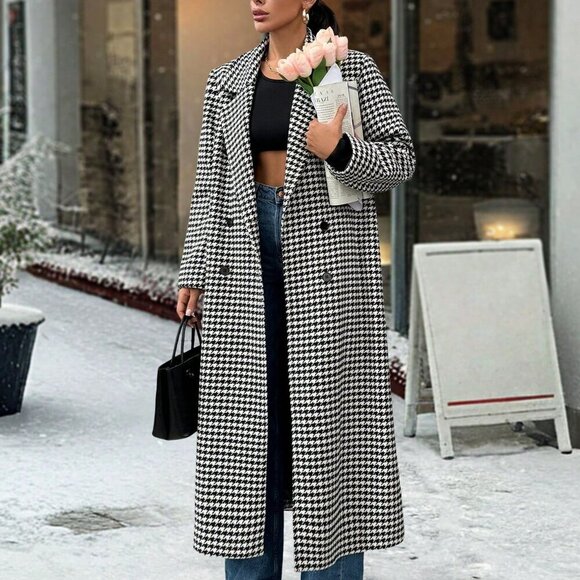 Black And White Elegant Women's Houndstooth Lapel Double-Breasted Long Jacket - Picture 4 of 6